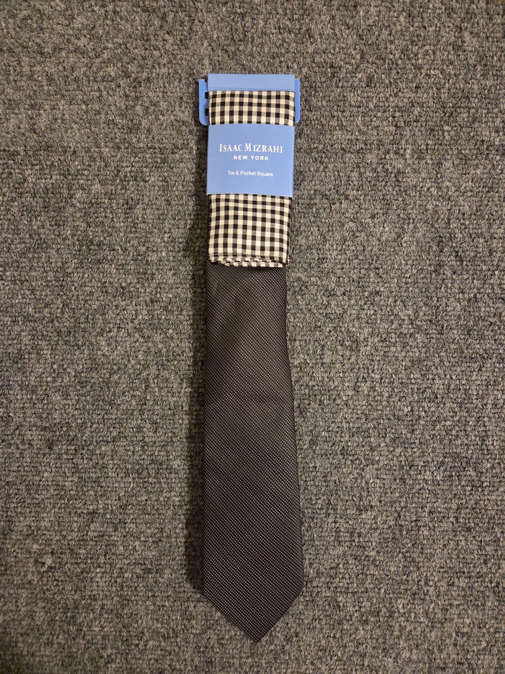 Isaac Mizrahi Black Tie with Black-and-Cream Check Pocket Square